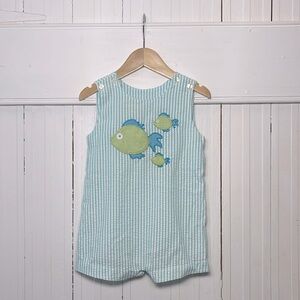 ANAVINI Hand Smocked Boys Seersucker Embroidered Fish Appliqué Jon Jon Romper